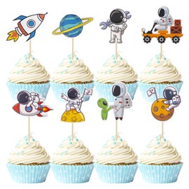 Gyufise Space Astronaut Cupcake Toppers Rocket Planet Travel to Moon Cupcake Picks Decorations for Baby Shower Boys Girls Birthday Space Theme Party