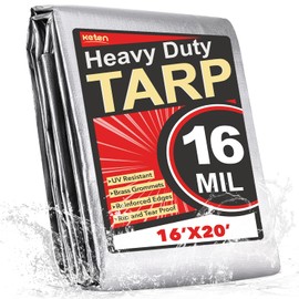 Keten Tarps Heavy Duty Waterproof 16X20 Feet, Extra Thick 16 Mil, Tear & Fade Resistant, UV Blocking, Outdoor Tarp with Reinforced Grommets for Roof, Camping, Patio, Pool, Boat(Silver/Black)
