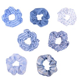 Blue Checkered Scrunchies Hair Ties for Women Blue And White Polka Dot Hair Ties Scrunchies Large Elastic Hair Rope Ties for Women Silk Satin Flower Hair Tie Blue Plaid Hair Scrunchies Ties Set of 7