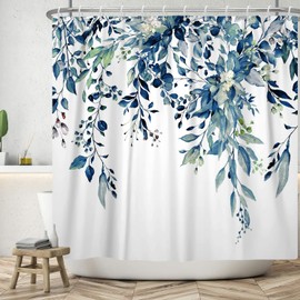 Yeele Blue Leaves Long Fabric Shower Curtain Watercolor Floral Leaf Wide Bath Curtain Farmhouse Plant Wildflower Stall Size Shower Curtains for Bathroom Decor Waterproof with Hooks 72x96 Inch