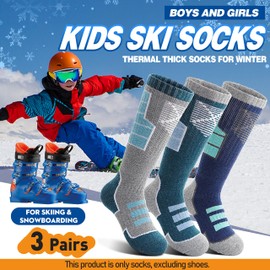 Anlisim Kids Merino Wool Ski Socks for Girls Boys Teen Thermal Winter Warm Thick Hiking Knee High Socks Stocking Stuffers for Skiing Snowboarding(Dark Blue/Dark Green/Grey Green,8-12 Years)