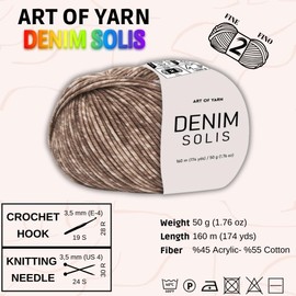 Art of Yarn Denim Solis Variegated Yarn 55% Cotton,45% Poliacrylic,Total 100g(3.52 Oz),320m(348 Yds) Soft Smooth Yarn Sport Fine2 for Crocheting, Knitting, Amigurumi,Blankets,Garments 2 Skein 99945