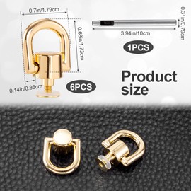 PAGOW 6 Pcs D Rings for Purse, 360 Degree Rotatable D Rings with 6 Stud Screws and 1 Punch Tool, Metal D Rings for Purse, Dog Buckles, Bag Hardware (Gold)