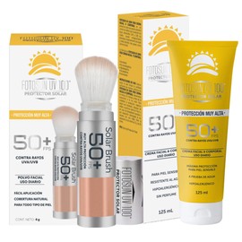 Fotosun UV 100 Protector Solar Facial en Polvo con Brocha + Bloqueador Solar en Crema 50+ FPS Protección UVA UVB Kit de Uso Diario paro Todo Tipo de Piel (Solar Brush + Adulto 125ml)