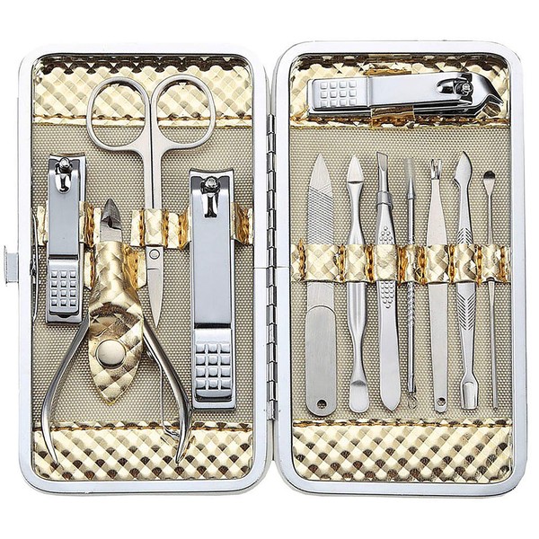 Manicure Set Men and Women 12-Piece Nail Scissors Nail Care Nail Clippers Case Travel Beauty Kit Stainless Steel Nail Cutter Care Set for Manicure and Pedicure Needs (Golden)