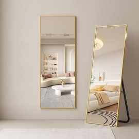 Dewfig Full Length Free Standing Large Mirror with Stand,64" x 21",Floor Mirror Full Length Hanging Wall Mirror for Bedroom,Full Body Mirror, Rectangle Shape,Metal Frame,Gold
