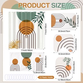 Haull 7 Pcs Boho Abstract Shower Curtain Set with Non-Slip Rugs Toilet Lid Cover Bath Mat Towels, Mid Century Modern Geometric Leaf Minimalist Bathroom Decor for Home Bathroom Set with 12 Hooks