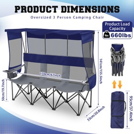 Teenyyou 3 Person Camping Chair with Canopy Shade - Oversized Beach Chair with UV Sun Protection, Heavy Duty 770 Lbs Folding Loveseat with 2 Cup Holders & Carry Bag for Outdoor Lawn Beach(Blue Gray)
