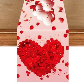 Valentine Table Runner, Rose Petals Love Heart Linen Table Runner, Red Valentine Anniversary Wedding Decor, Seasonal Winter Holiday Kitchen Dining Table Decoration for Indoor Outdoor Home Party