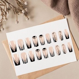 24 Pcs Black Flower Press on Nails Medium Coffin French Tip Fake Nails with Glossy Spring Floral False Nails Glue on Nails Flowers Acrylic Nails With Rhinestones for Women Manicure Nail Decoration