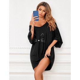Ekouaer Women's Sleepshirt Deep V Neck Nightgown Batwing Nightshirt Oversized Sleepwear, Black Cat, Medium