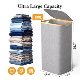 Foluck Large Laundry Hamper, 100L Waterproof Laundry Basket with Lid and Removable Bag, Collapsible Tall Clothes Hamper with Bamboo Handles for Clothes Toys in Dorm Bedroom Bathroom, Grey