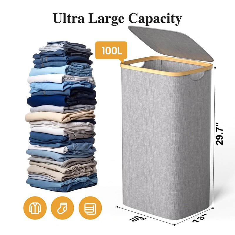 Foluck Large Laundry Hamper, 100L Waterproof Laundry Basket with Lid