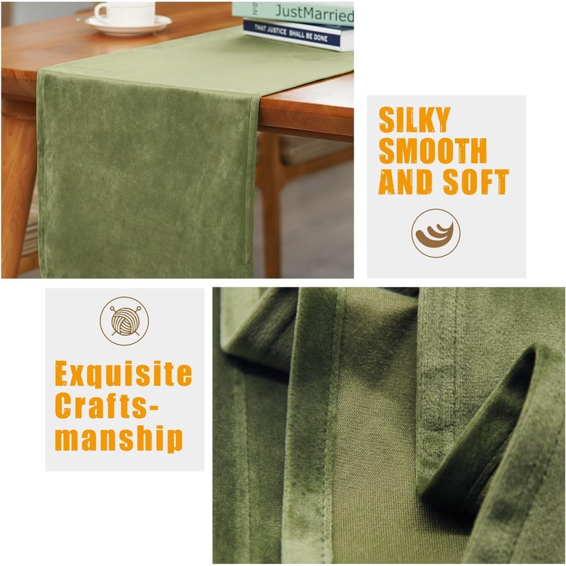 SEASHORE TREE Olive Table Runner Velvet Machine Washable Kitchen Dining