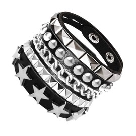 Tosmifairy 3 Pieces Punk Rock Leather Bracelets for Women Pop 80s 90s Emo Jewelry Accessories Retro Adjustable Wrap Wrist Cuffs (Star Pentacle Style)