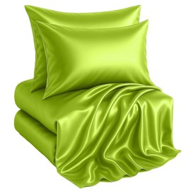 Casa Platino Queen Size Satin Sheets - Smooth Satin Sheets Queen, Cooling Fabric with 15 Inch Deep Pocket Sheet, Lightweight and Breathable, Makes for a Great Nights Sleep- Vibrant Lime Green