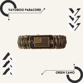 VAYOBOO Paracord Bracelet - Green Camo Military Bracelet for men with Bronze USA Flag - Adjustable - Wounded Warrior Wristband - Emergency Survival Military Veterans Bracelets for Camping Hiking Outdoor Travel - Camouflage Rope Bracelet, Gifts for Milita