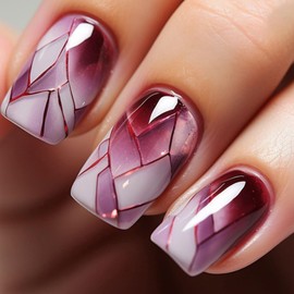 24 Pcs Press on Nails Square Medium Length, Burgundy French Tips False Nails in 12 Sizes, Acrylic Full Cover Fake Nail with Glue Stickers, Reusable Stick on Nails for Women and Girls DIY Decorations