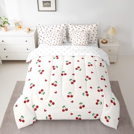 Feelyou Kids Red Cherry Bed in A Bag Queen Size, Cherry Pattern 7 Pieces Bedding Set Boys Girls Cute Fruit Comforter Set with Sheets Kawaii Cartoon Fruit Teens Bed Set Room Decor 7Pcs