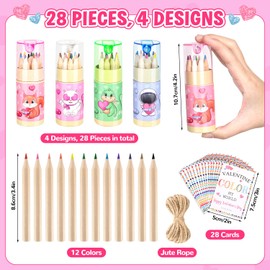 MOVINPE MOVINPE Valentines Day Gifts for Kids - 28 Pack Mini Drawing Colored Pencils with Valentines Cards, Come with Sharpener Jute Rope, Valentine Day Classroom Exchange Gift School Class Prizes Bulk
