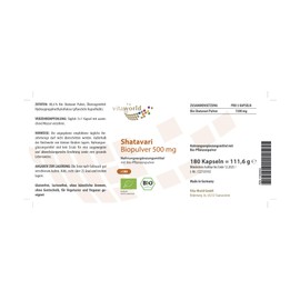 vitaworld Shatavari 500 mg Organic, 1500 mg Organic Shatavari Powder per Daily Consumption, Indian Asparagus, Vegan, 180 Capsules