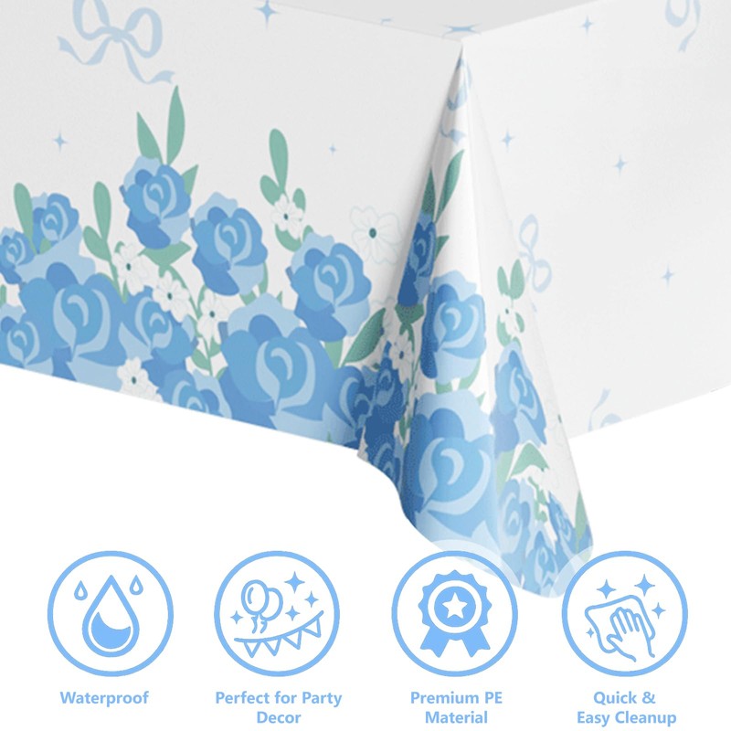 3 Pack Blue Floral Disposable Plastic Tablecloths, 54 x 108
