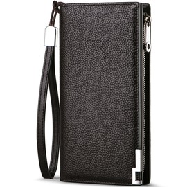 Huztencor Men's Long Wallet, Popular, Magnetic Protection, Cowhide Leather, Thin Wallet, Card Case, Skimming, Large Capacity, Holds 16 Cards, RFID Identification, Braun