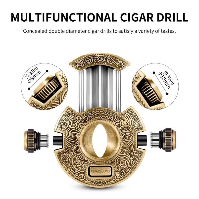 CIGARLOONG Cigar Punch Cutter Bronze Engrave Double Size Drill Cigar