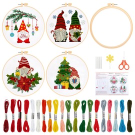 BEUNITONE 4PCS Christmas Gnomes Embroidery Kit Xmas Tree Stamped Cross Stitch Kit Snowflake Mistletoe Needlepoint Kit for Adult Beginner with Instructions