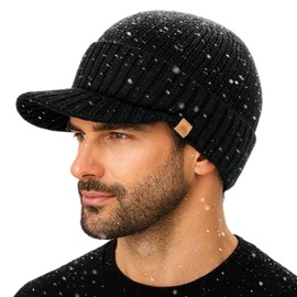 TOP-EX Dryknit Waterproof Beanie Hat Men's Merino Wool Winter Hat with Visor & Fleece Lining Warm Merino Wool Hat, 96587_Black, XL - XXL