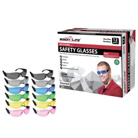 BISON LIFE Keystone Series Safety Glasses | One Size, Color Protective Polycarbonate Lens - Black Temple, 2 Pairs Each of Blue, Black, Yellow, Green, Pink, and Grey (12 pairs in 1 box)