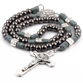 HanlinCC Saint Benedict Paracord Rosary Necklace Large and Heavy Metal Beads Durable Rugged Cord Catholic Rosary for Men (Gun Black)