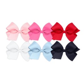 Wee Ones Girls' 6 Piece Set Solid Grosgrain Variety Pack on a WeeStay No-Slip Hair Clip, Medium Sized Bows, White, Millennium Blue, Navy, Light Pink, Hot Pink, Red