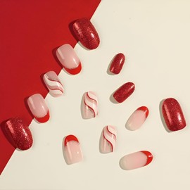 Christmas Press on Nails Short Red Oval Fake Nails with Silver Glitter Design Nude French tips False Nails Acrylic Nails Red Full Cover Glue on Nails for Women and Girls