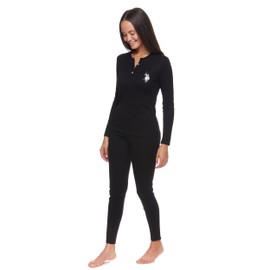 U.S. Polo Assn. Womens Thermal Pajamas, Black Thermals Top and Bottom Set, Black Long Johns Women (Black Set, Large)