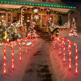 LAMPHOME 12 Pack 16.5" Christmas Candy Cane Pathway Markers, Xmas Pathway Lights Outdoor with 70 Warm White Lights for Walkway Garden Lawn Holiday Decorations