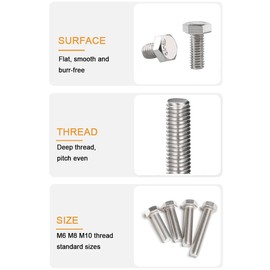 binifiMux 6-Pack M10 x 80mm Hexagon Screws Hex Bolts with M10 Hex Nuts Flat Washers/Spring Lock Washers Set, 304/18-8, Plain Finish