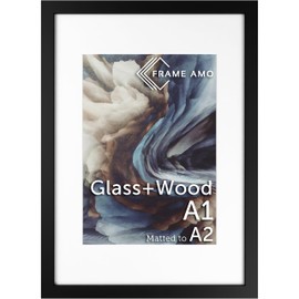 Frame Amo A1 23.4x33.1 Black Solid Wood Poster Frame, White Mat for A2 16.5x23.4 Image, Tempered Glass Front, 1.5 inch Wide, 1 inch Thick, High-End, Substantial, Gallery Grade & Acid-Free