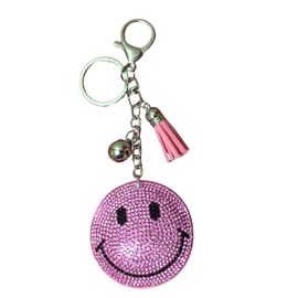 Popfizzy Bling Pink Smiley Face Keychain Accessories for Women, Rhinestone Emoji Happy Face Keychains, Smiley Face Gifts
