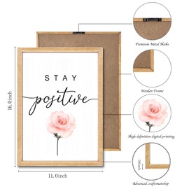 3 Pcs Framed Pink Flowers Wall Art, Stay Positive Wall Decor, Work Hard Inspirational Sign, Make it Happen Wooden Wallart for Office Living Bedroom Bathroom Dorm