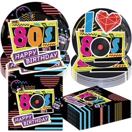 Kailinst 60Pcs Retro 80s Party Decorations Tableware I Love 80's Birthday Paper Plates and Napkins Set Back to 80s Theme Event Celebration Disposable Dinnerware Table Decor Supplies