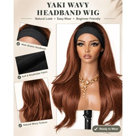Yaki Wavy Flip Curls Headband Wigs for Black Women Ombre Brown Wigs 26 Inch