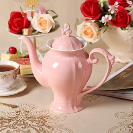 Fine Porcelain Pink English Teapot, Coffee Pot, Victoria Style, Light Weight, 37 Oz