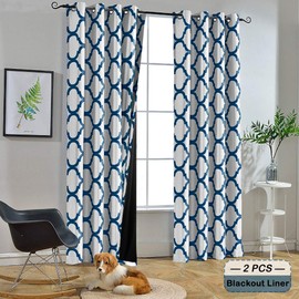 Melodieux Moroccan 100% Blackout Curtains for Bedroom 84 Inches Long, Living Room Thermal Insulated Black Liner Grommet Drapes, 52 by 84 Inch, Off White/Royal Blue (2 Panels)