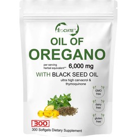 EOCUTE Oil of Oregano Softgels 6000mg Per Serving, 180,300 Pcs/Pack, Plant-Based Dietary Supplement with 200mg Carvacrol & Thymoquinone - Vitamin - Specification: 300 Softgels