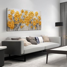 SKYRISE Abstract Golden Floral Wall Art for Living Room, Yellow Flower Wall Decor for Bedroom, Modern Canvas Art Wall Decor, Home Decoration Blooming Floral Picture, Size 48x24 Inches