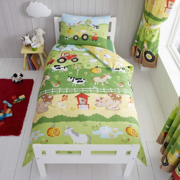 Happy Linen Company Kids Boys Girls Farm Animals Counting Sheep Green Yellow Reversible Toddler Cot Bed Bedding Duvet Cover Set