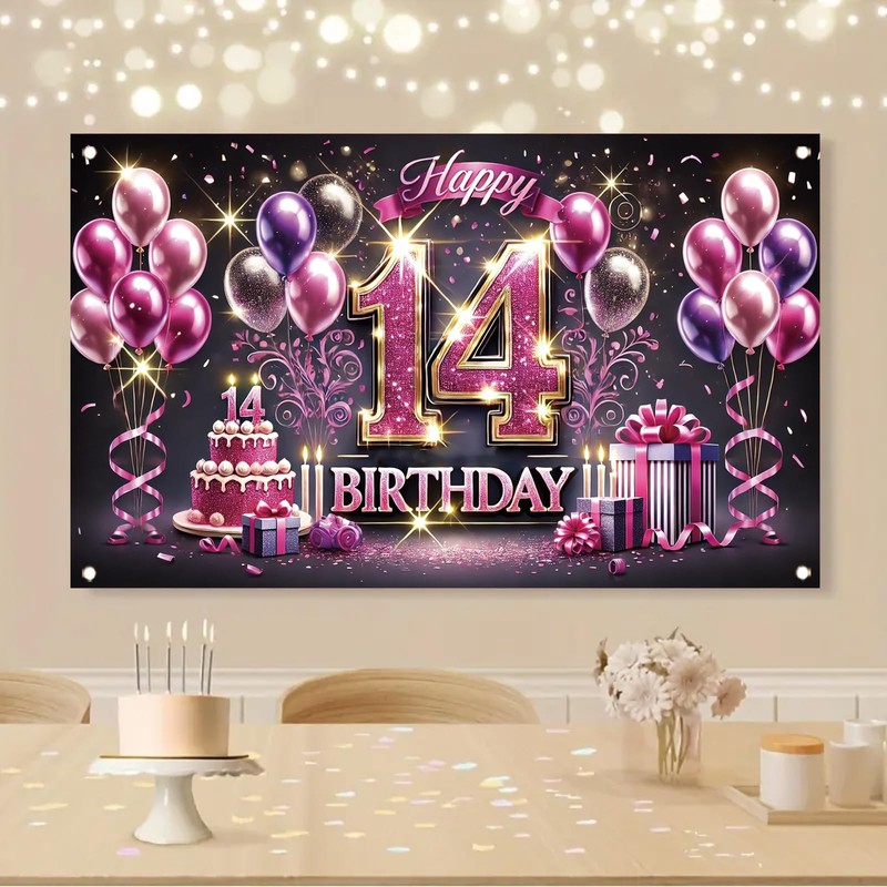 Starlit Patio Happy 14th Birthday Decorations Backdrop Banner for Girls