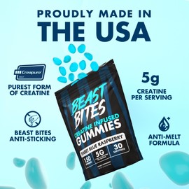 BEAST BITES - Creatine Gummies - 5g Creatine Monohydrate Per Serving - Low-Calorie & Vegan - Made in The USA - Blue Raspberry Flavor - 30 Servings