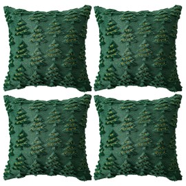 4 Pcs Christmas Throw Pillow Covers 18x18, Soft Faux Fur Pillow Cases Holiday Decorations, Fluffy Plush Accent Couch Cushion Case for Festivals Winter Sofa Living Room Home Decor(Green Tree)